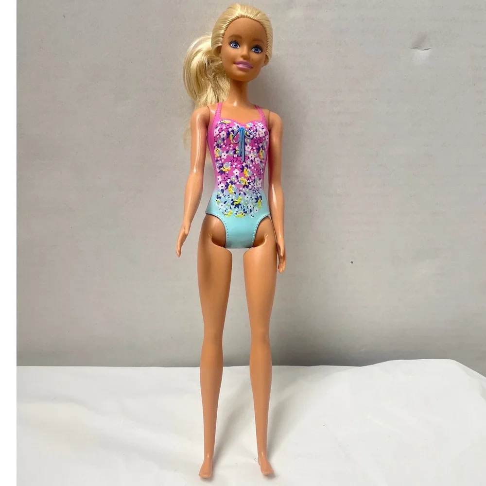 Mattel Barbie Doll 2019 Molded Pink Floral Swimsuit Blonde Hair Blue Eyes 11.5in